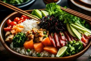 un cuenco de Sushi con palillos y vegetales. generado por ai foto