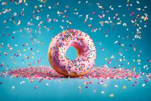 a donut with sprinkles on a blue background. AI-Generated photo