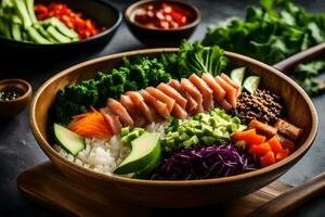 a bowl of sushi with vegetables and rice. AI-Generated photo