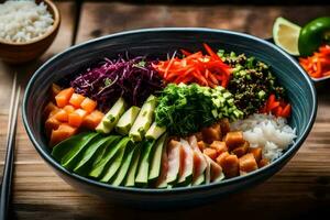 a bowl of sushi with rice, vegetables and other ingredients. AI-Generated photo