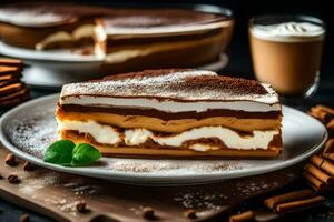 un rebanada de Tiramisu pastel en un plato con café. generado por ai foto