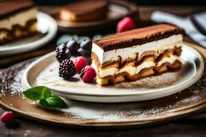 a slice of cake on a plate with berries. AI-Generated photo