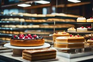 a bakery display with cakes and pastries. AI-Generated photo