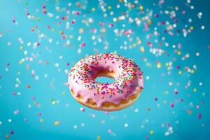 a donut with sprinkles on top of a blue background. AI-Generated photo