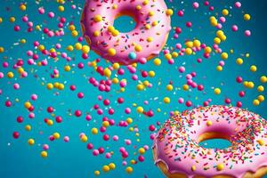 donuts with sprinkles on a blue background. AI-Generated photo