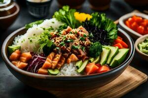 a bowl of sushi with rice, vegetables and other ingredients. AI-Generated photo