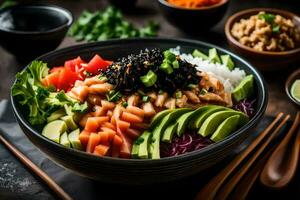 a bowl of sushi with vegetables and rice. AI-Generated photo
