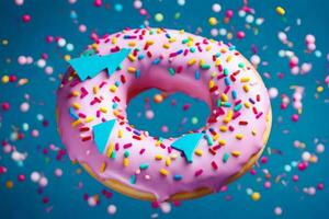 a pink donut with sprinkles on a blue background. AI-Generated photo