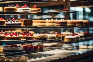 a display of cakes in a bakery. AI-Generated photo