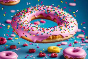 donuts with sprinkles and pink frosting on a blue background. AI-Generated photo