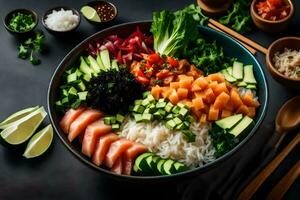 a bowl of sushi with rice, vegetables and other ingredients. AI-Generated photo