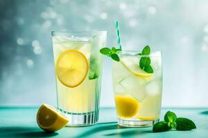 two glasses of lemonade with mint leaves and lemons. AI-Generated photo