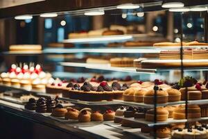 a display case filled with cakes and pastries. AI-Generated photo