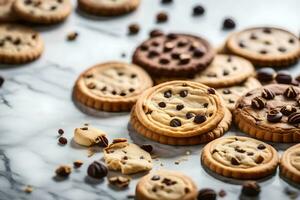 chocolate chip cookies on a marble surface. AI-Generated photo