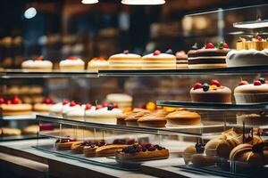 many different types of cakes are on display in a bakery. AI-Generated photo