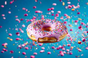 a donut with pink icing and sprinkles on a blue background. AI-Generated photo