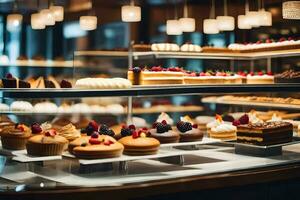 a display case filled with various types of pastries. AI-Generated photo