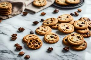 chocolate chip cookies on a marble counter. AI-Generated photo