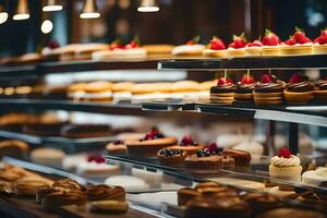 many different types of pastries are on display in a bakery. AI-Generated photo