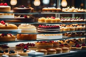 many different types of cakes are on display in a bakery. AI-Generated photo