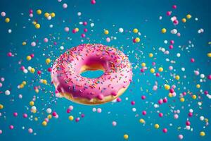 a donut with sprinkles and pink icing is flying in the air. AI-Generated photo