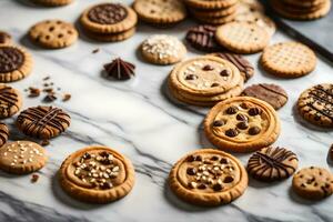 a variety of cookies and cookies on a marble counter. AI-Generated photo