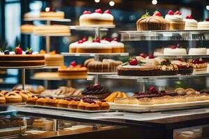 a bakery display with many different types of cakes. AI-Generated photo