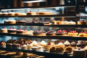 many different types of cakes are on display in a bakery. AI-Generated photo