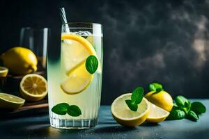 lemonade in a glass with mint leaves. AI-Generated photo