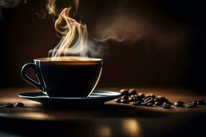 a cup of coffee is steaming on a table with coffee beans. AI-Generated photo