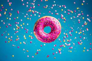 a donut with sprinkles on a blue background. AI-Generated photo