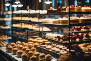 a bakery display with many different types of pastries. AI-Generated photo