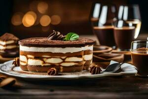 a dessert with chocolate and cream on a plate. AI-Generated photo