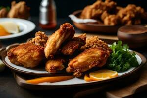 fried chicken wings on a plate with lemon wedges. AI-Generated photo