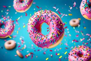 donuts with sprinkles on a blue background. AI-Generated photo