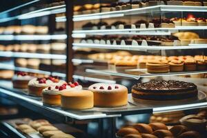 many different types of pastries are on display in a bakery. AI-Generated photo