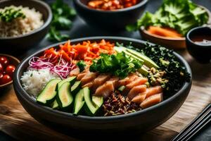 un cuenco de Sushi con arroz, vegetales y otro ingredientes. generado por ai foto