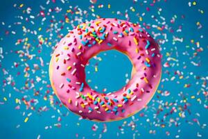pink donut with sprinkles on blue background. AI-Generated photo