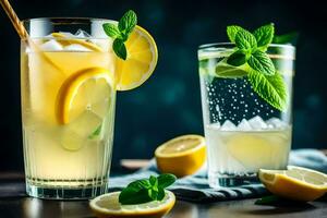 two glasses of lemonade with mint leaves and lemons. AI-Generated photo