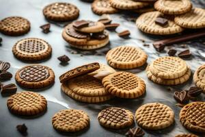 a variety of cookies and biscuits on a marble surface. AI-Generated photo