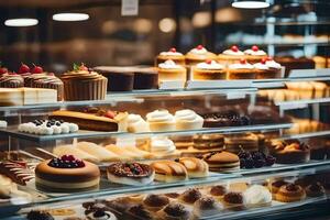 many different types of cakes are on display in a glass case. AI-Generated photo