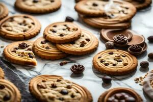 chocolate chip cookies on a marble table. AI-Generated photo