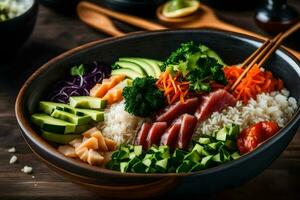 a bowl of sushi with rice, vegetables and meat. AI-Generated photo
