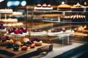 a display case with various types of pastries. AI-Generated photo