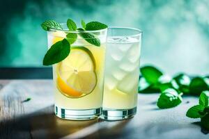 two glasses of lemonade with mint leaves on the table. AI-Generated photo