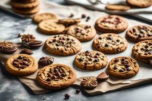 chocolate chip cookies on a baking sheet. AI-Generated photo