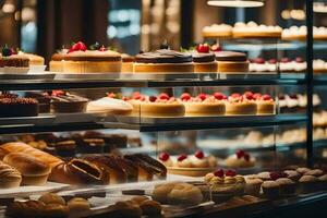 many different types of cakes are on display in a bakery. AI-Generated photo