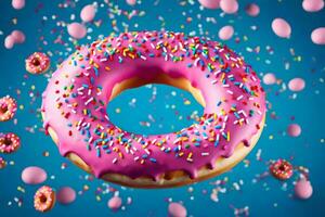 a donut with pink frosting and sprinkles on a blue background. AI-Generated photo