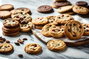 a variety of cookies on a marble table. AI-Generated photo
