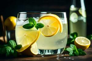 limonada en un vaso con menta hojas y rebanadas generado por ai foto